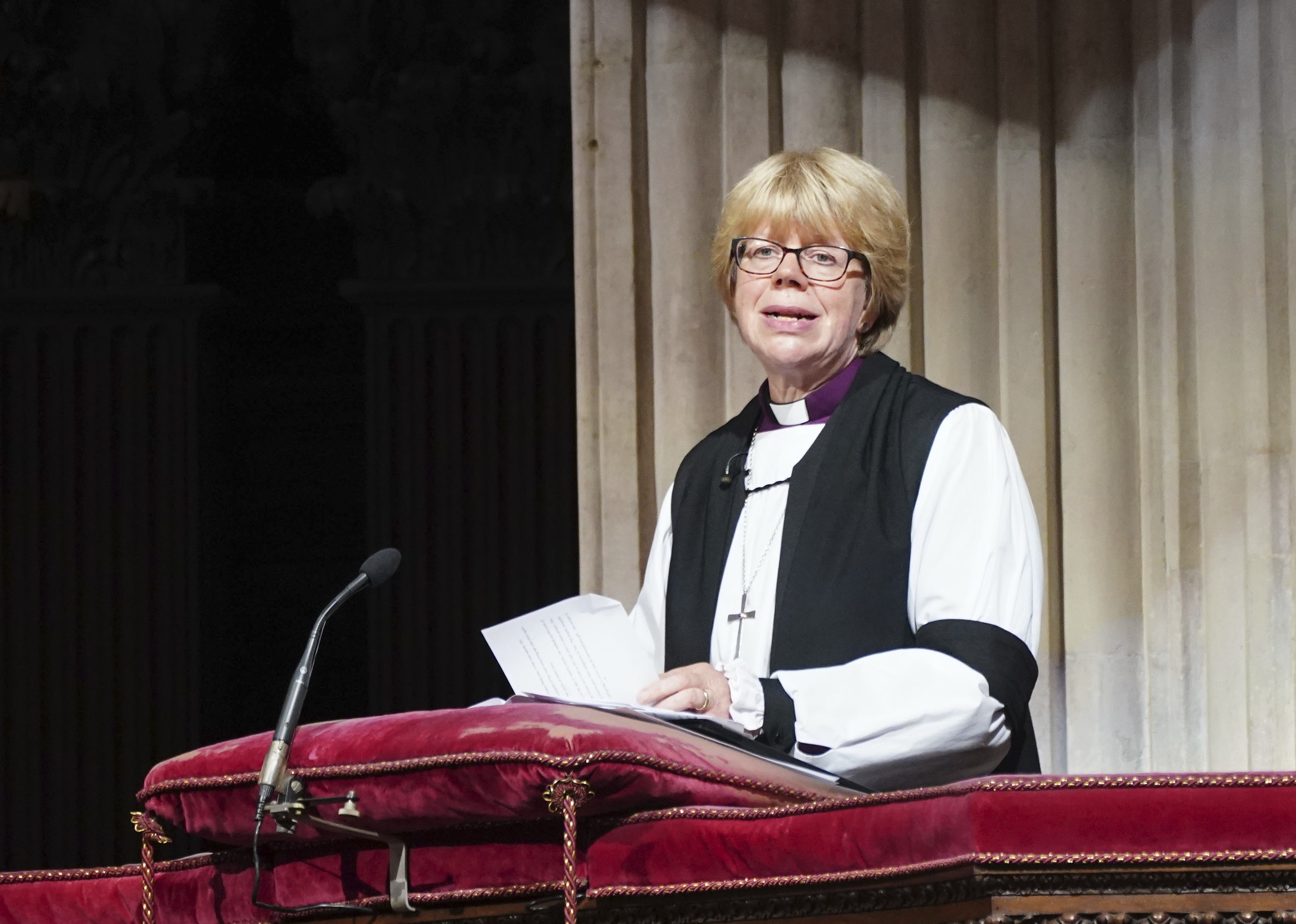 FILE — The Bishop of London Sarah Mullally speaks during the Service of Prayer and Reflection following the death of Queen Elizabeth II, at St Paul